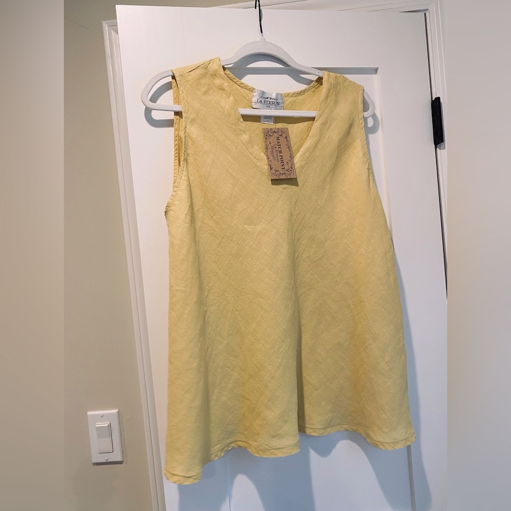 La. FIXSUN Yellow Sleeveless Linen V-neck blouse  Top L Minimalist Old Money